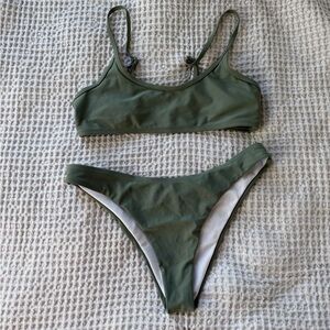 Olive Green Women's Bikini Set - Classic Scoop Top & High-Cut Bottom